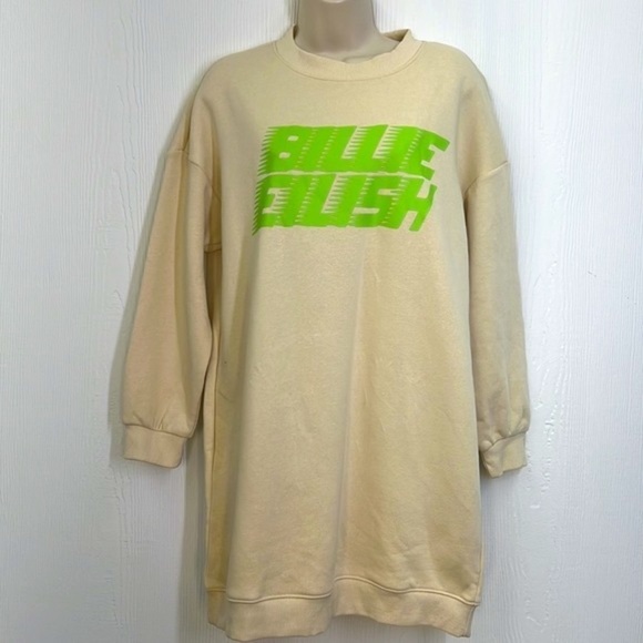 H&M - Billie Eilish Lime Green Graphic Tan Long Sleeve Sweatshirt Dress Size SM - Picture 2 of 11